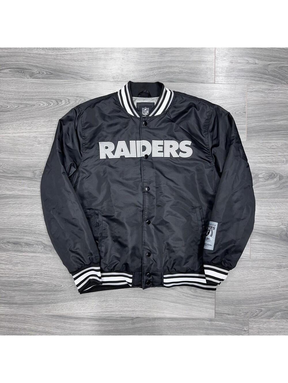 Oakland Raiders Quilted Bomber Jacket Size Medium NFL Team Apparel Black Gray